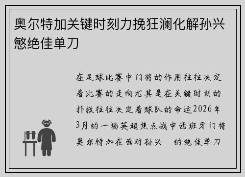 奥尔特加关键时刻力挽狂澜化解孙兴慜绝佳单刀