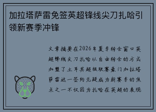 加拉塔萨雷免签英超锋线尖刀扎哈引领新赛季冲锋