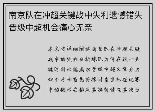 南京队在冲超关键战中失利遗憾错失晋级中超机会痛心无奈