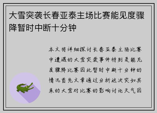 大雪突袭长春亚泰主场比赛能见度骤降暂时中断十分钟